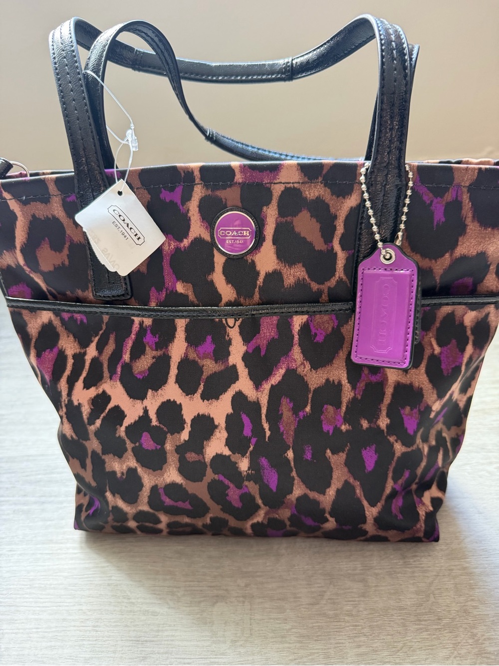NWT Coach Leopard Print Sarin Tote Bag in Brown/Bk with Purple Accents
